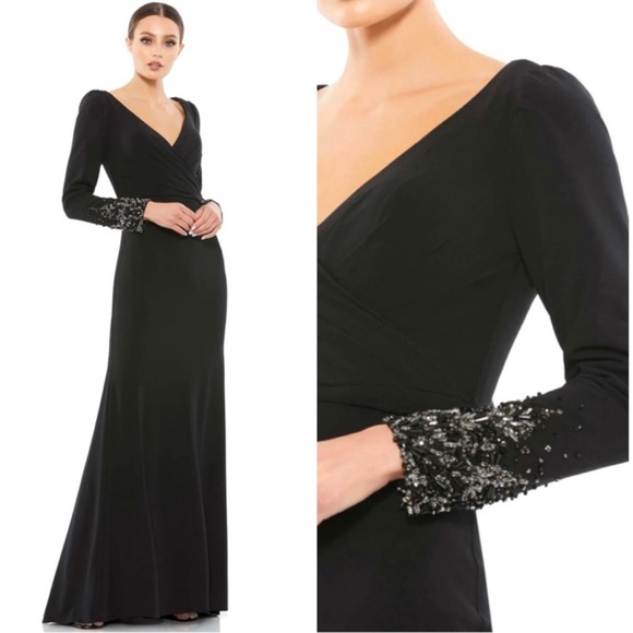 MAC DUGGAL Beaded Cuff Long Sleeve Wrap Over Trumpet Gown NEW Size 6 Black Dress